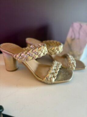 A New Day Metallic Gold Braided Strappy Block Heel Mule Sandals - Size 9.5
